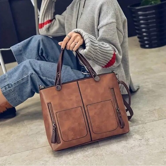 Luxe Brown Zipper Large Tote Shoulder Bag - Picture 2 of 4